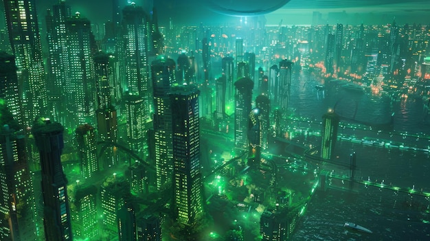 Ciudad futurista por la noche con luces verdes