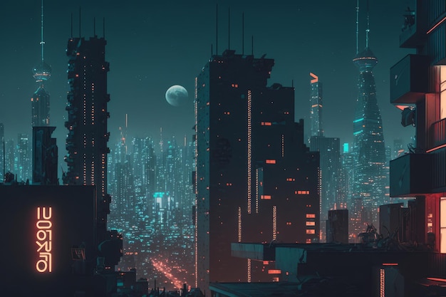 Ciudad futurista de noche Paisaje urbano futurista IA generativa