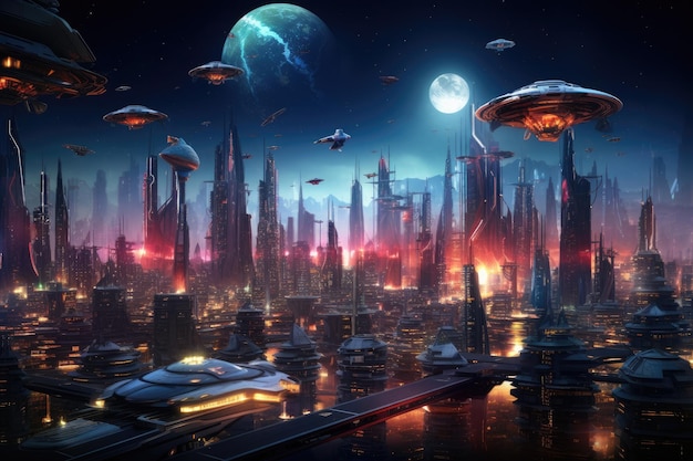 Ciudad futurista por la noche con rascacielos y edificios de gran altura Espectacular noche en una ciudad ciberpunk del mundo de fantasía futurista con rascacielos, autos voladores y neón generado por IA