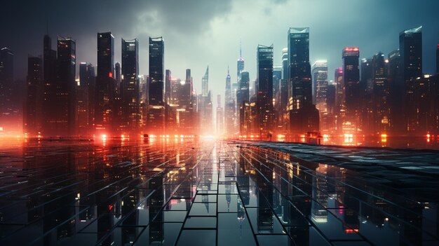 Foto ciudad futurista por la noche con rascacielos y reflejos en el agua generativa ai