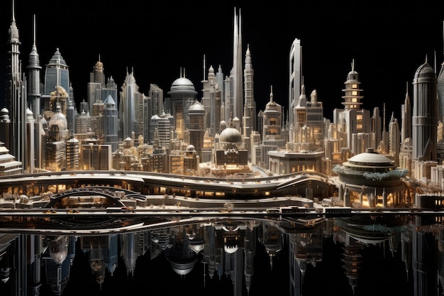 Ciudad futurista por la noche con reflejo en el agua Representación 3D Un paisaje urbano impresionante con edificios futuristas Generado por IA