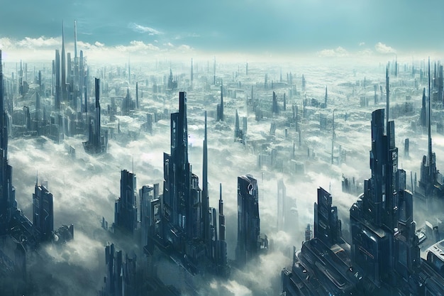 Ciudad futurista en las nubes Futuro de la humanidad evolución en la ciudad arquitectura estilo de vida neo ciudad