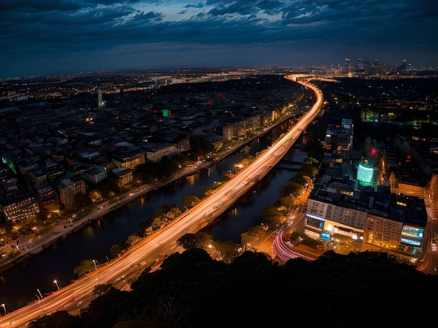 Ciudad futurista panorámica con mucho tráfico en un paisaje nublado