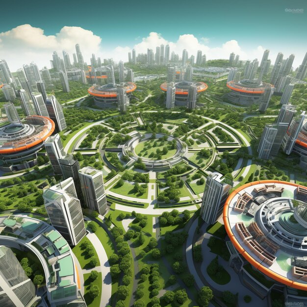 ciudad futurista con un parque circular y un parque circular en el medio generativo ai