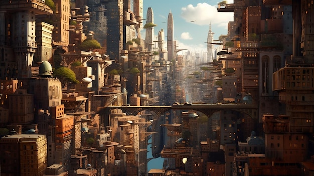 Ciudad futurista con un puente y un río en el medio AI Generative