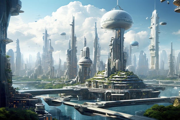 Ciudad futurista con rascacielos y edificios de gran altura Generada por IA