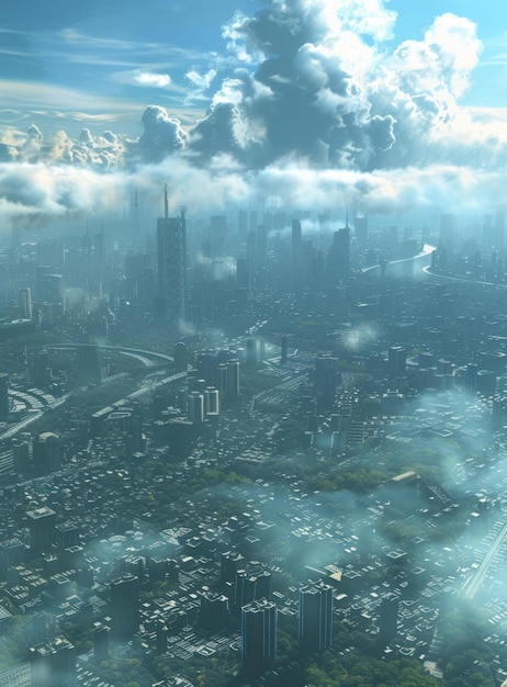Foto ciudad futurista con rascacielos y nubes