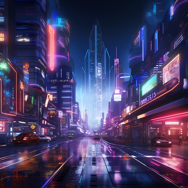 Ciudad futurista retro Cyberpunk con luces de neón