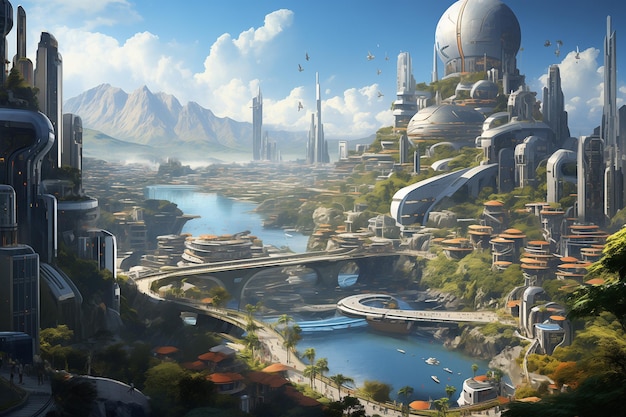 ciudad futurista con un río y un puente en el medio ai generativo