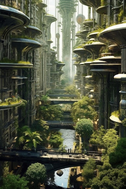 Ciudad futurista con un río y un puente en el medio generativo ai