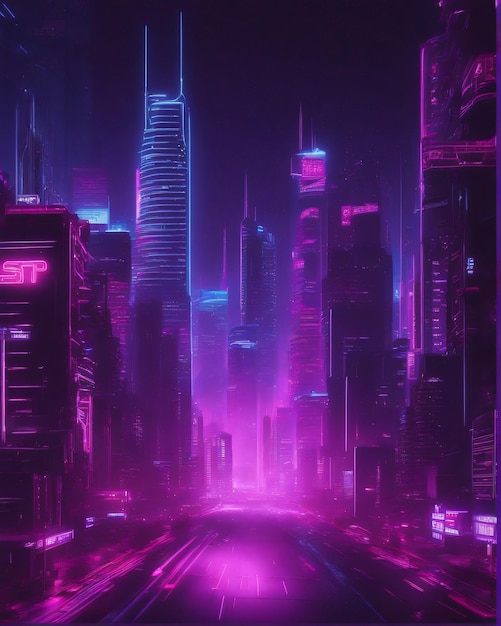 Una ciudad futurista de sonido neon punk con fondo de automóviles