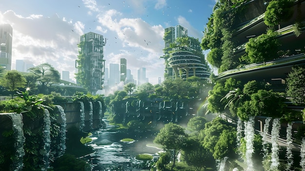 Ciudad futurista sostenible que se adapta al cambio climático con energía renovable y jardines verticales