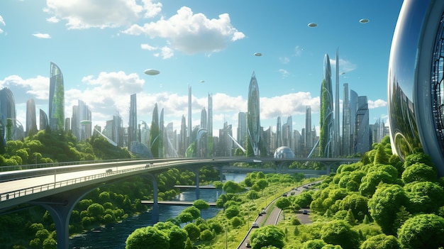 Ciudad del futuro Edificio ecológico en la ciudad moderna Edificio de oficinas con entorno verde