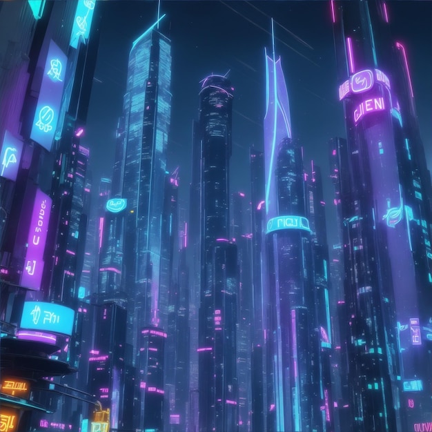 ciudad del futuro con edificios altos con luces de neón por la noche coches voladores