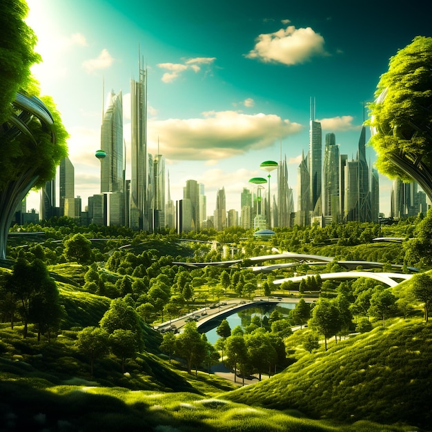 Ciudad del futuro con parque ecológico