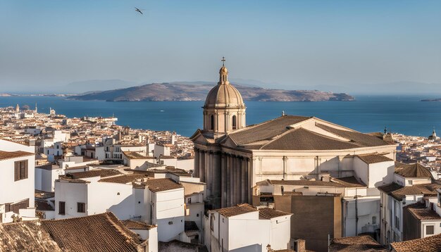 Foto una ciudad con un gran cuerpo de agua y una ciudad en el fondo