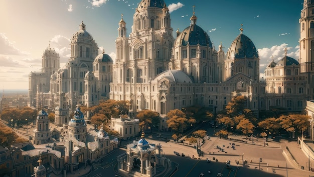 Una ciudad con un gran edificio en primer plano y un cielo azul con nubes.