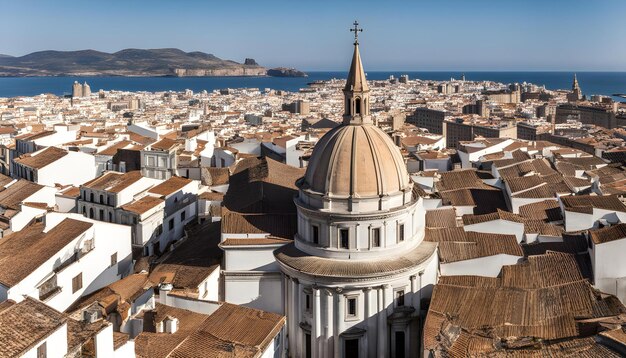 Foto una ciudad con una iglesia y un gran cuerpo de agua en el fondo