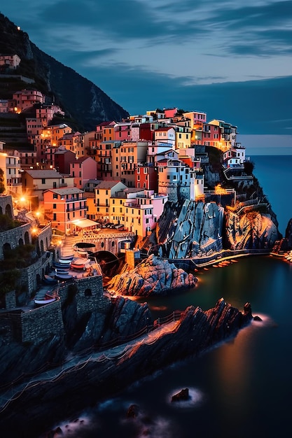 Foto una ciudad está iluminada por la noche con el océano y las casas en el acantilado