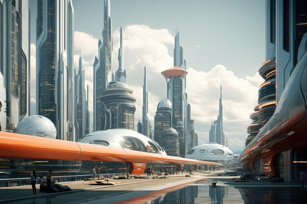 Ciudad inteligente futurista con edificios altísimos Paisaje urbano futurista Ilustración de concepto creativo con fantásticos rascacielos torres edificios altos generados por Ai