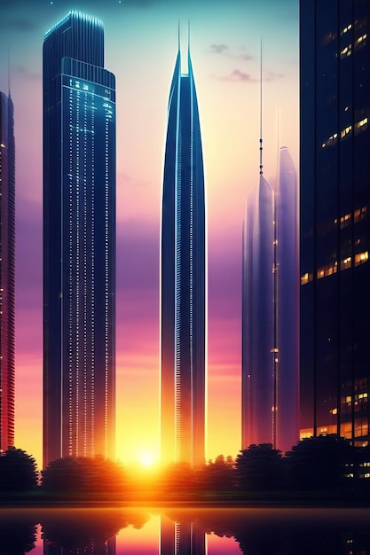 Ciudad inteligente de noche con altos rascacielos
