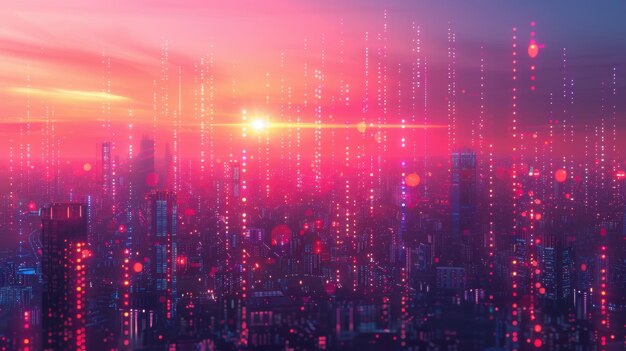 Ciudad inteligente con puntos abstractos y líneas de gradiente en el concepto de Big Data