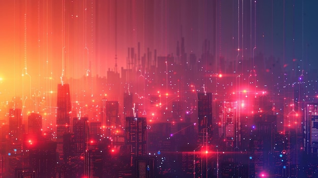 Ciudad inteligente con puntos abstractos y líneas de gradiente en el concepto de Big Data