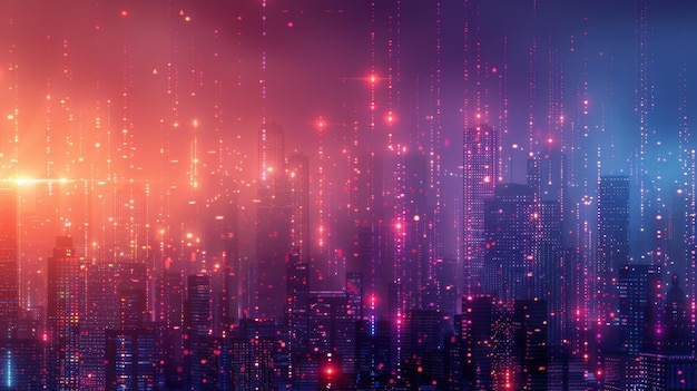 Ciudad inteligente con puntos abstractos y líneas de gradiente en el concepto de Big Data