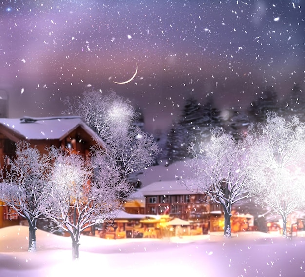 ciudad invernal noche nevada parque árboles cubiertos de nieve cielo estrellado y luna naturaleza pueblo