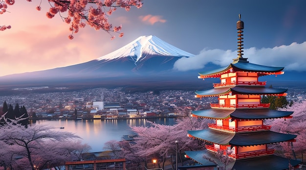 Una ciudad japonesa con una montaña al fondo