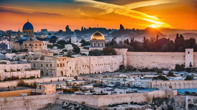 Foto ciudad de jerusalén por la puesta del sol