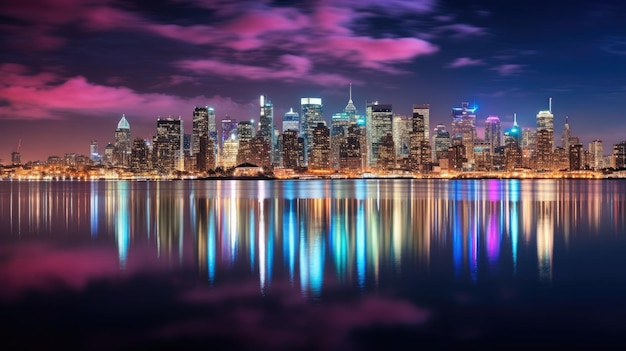 una ciudad junto al agua con un cielo morado y un cielo morado y morado.