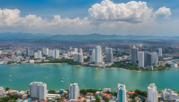 Foto una ciudad con un lago y una ciudad en el fondo