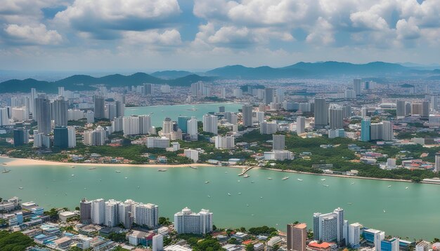 Foto una ciudad con un lago y una ciudad en el fondo