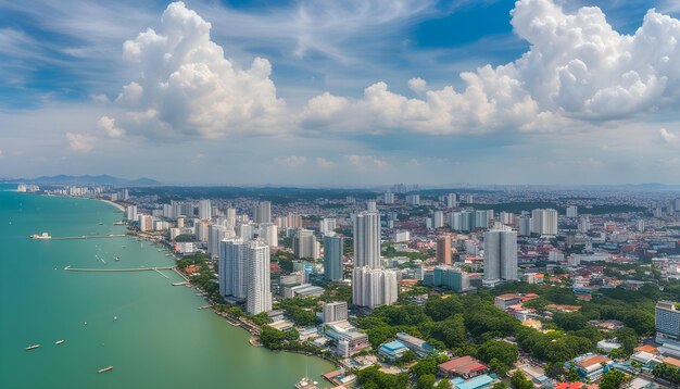 Foto una ciudad con un lago y una ciudad en el fondo