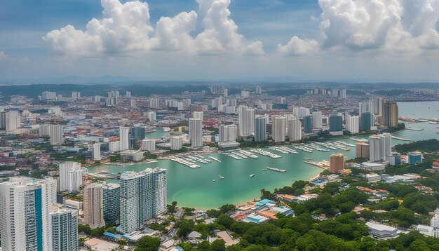 una ciudad con un lago y una ciudad en el fondo