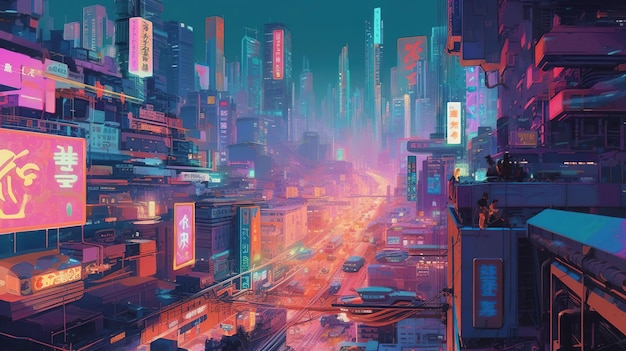 Una ciudad con un letrero de neón que dice 'cyberpunk'