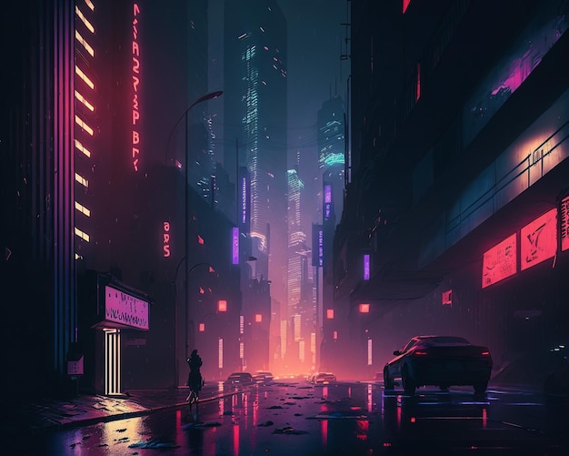 Una ciudad con un letrero de neón que dice 'cyberpunk'