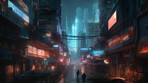 Una ciudad con un letrero que dice 'cyberpunk'