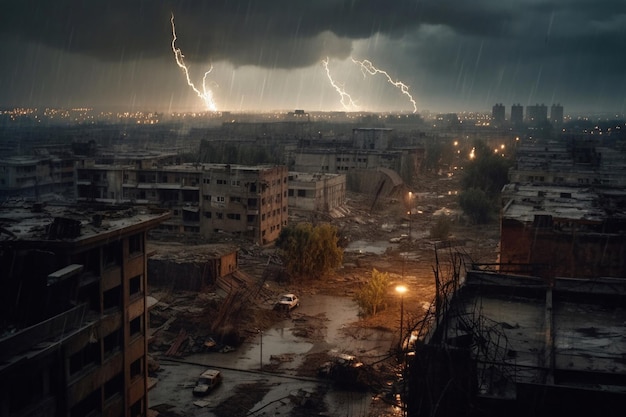 Una ciudad bajo la lluvia con un rayo