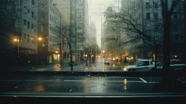 La ciudad lluviosa vista a través de una ventana de vidrio