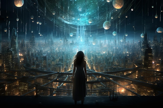 Ciudad de las luces en el fondo mujer de pie y mirándola Hermosa ilustración de la imagen