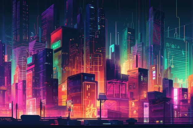 Una ciudad con luces de neón y un letrero que dice 'cyberpunk'