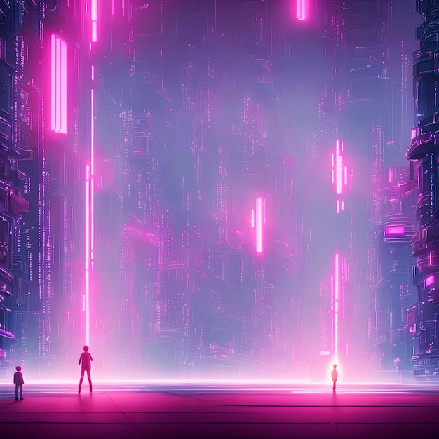 Ciudad de luces de neón rosa futurista caminando solo chico en la carretera