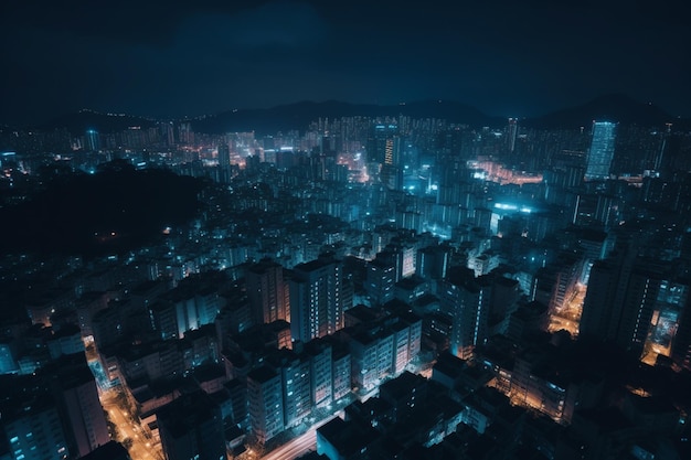 Una ciudad con una luz azul en el medio