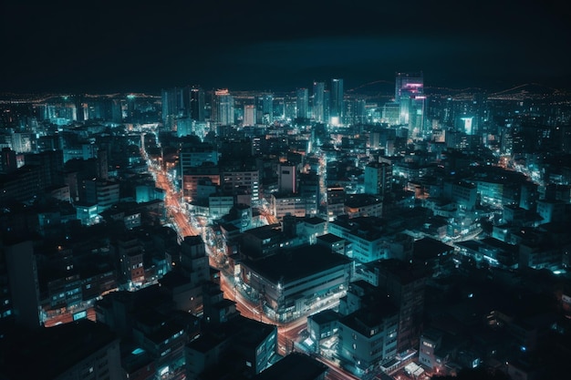 Una ciudad con una luz azul en el medio