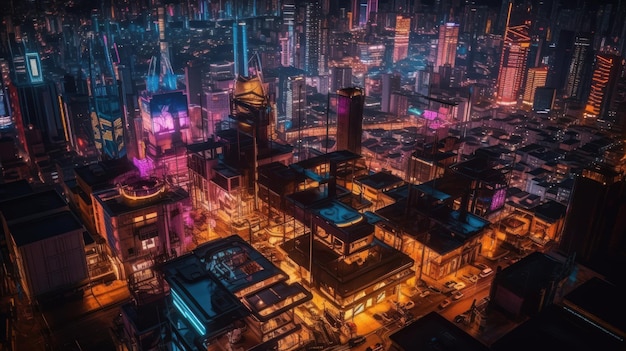 Una ciudad con una luz de neón que dice 'cyberpunk'