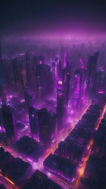 Una ciudad con una luz púrpura que dice "cyberpunk" en ella