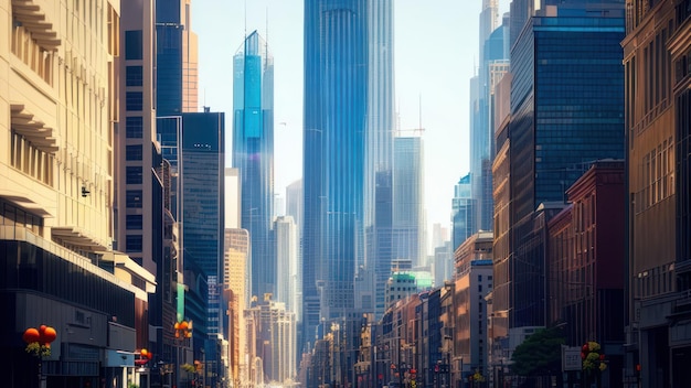 Una ciudad por la mañana con un cielo azul y un edificio al fondo