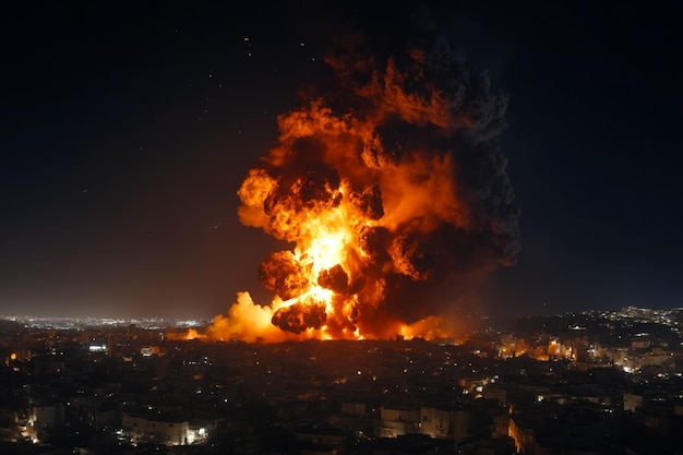 Una ciudad en Medio Oriente bajo asedio con una bomba colosal dominando el horizonte Generado por IA